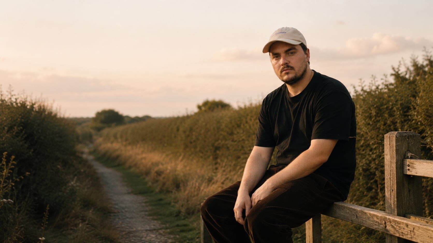 Callum Wells sitting on a fence at golden hour